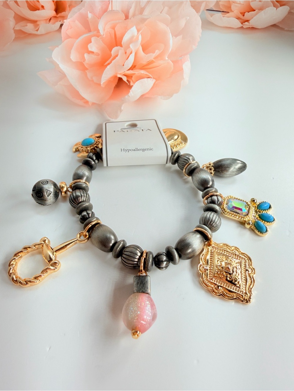Hypoallergenic Multi-Color Charm Bracelet Turquoise & Gunmetal